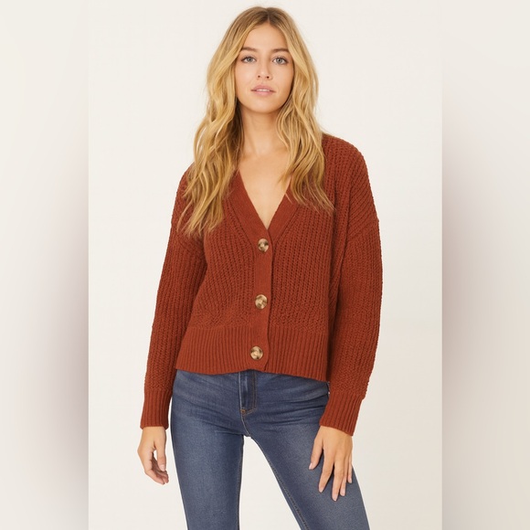 Hippie Rose V Neck Cardigan Sweater Burnt Red size Small - Picture 1 of 5
